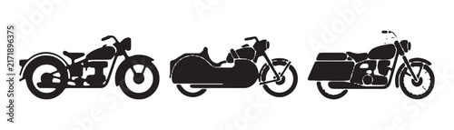 Foto Vintage style motorcycles with sidecars silhouettes collection for classic vehicle graphic design