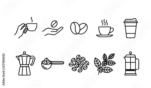 Minimalist Coffee Line Icon Set with Hands Coffee Beans Cups Moka Pot French Press and Brewing Accessories Vector Illustration