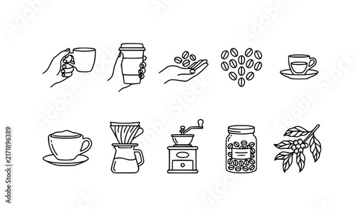 Elegant Coffee Line Art Icon Collection with Hands Beans Espresso Cappuccino Filter Grinder Jar and Coffee Plant Vector Design