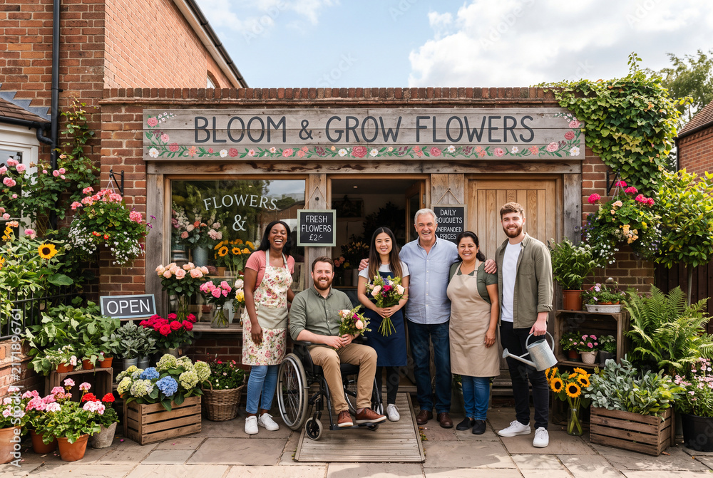 Obraz premium Diverse Team of Florists Proudly Standing Outside Flower Shop Entrance