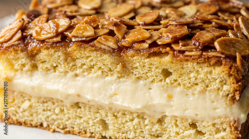 Gourmet Sponge Cake Slice with Creamy Vanilla Filling and Toasted Almond Flakes Topping