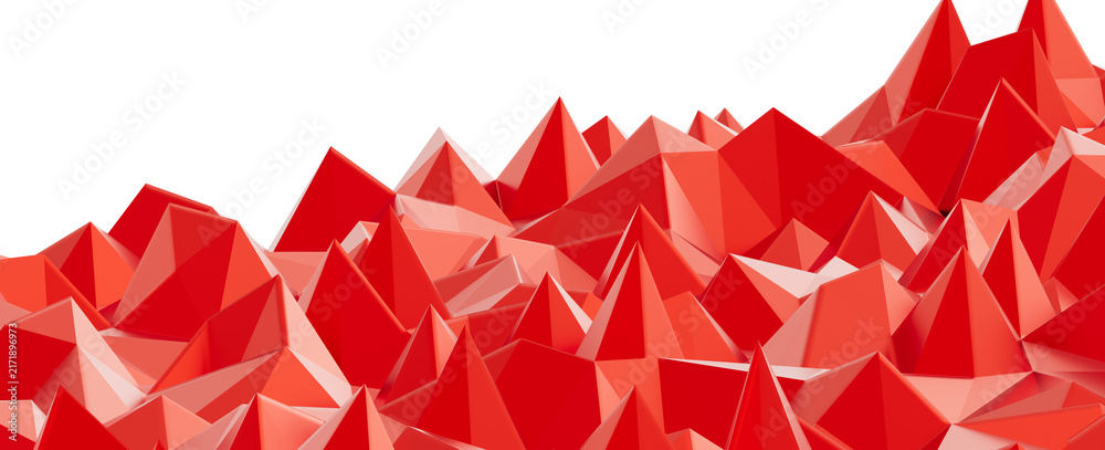 Obraz premium Abstract 3D render of vibrant red low poly geometric shapes with sharp peaks on black background.