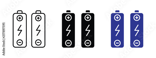 Set of battery icons in outline, solid, and blue styles