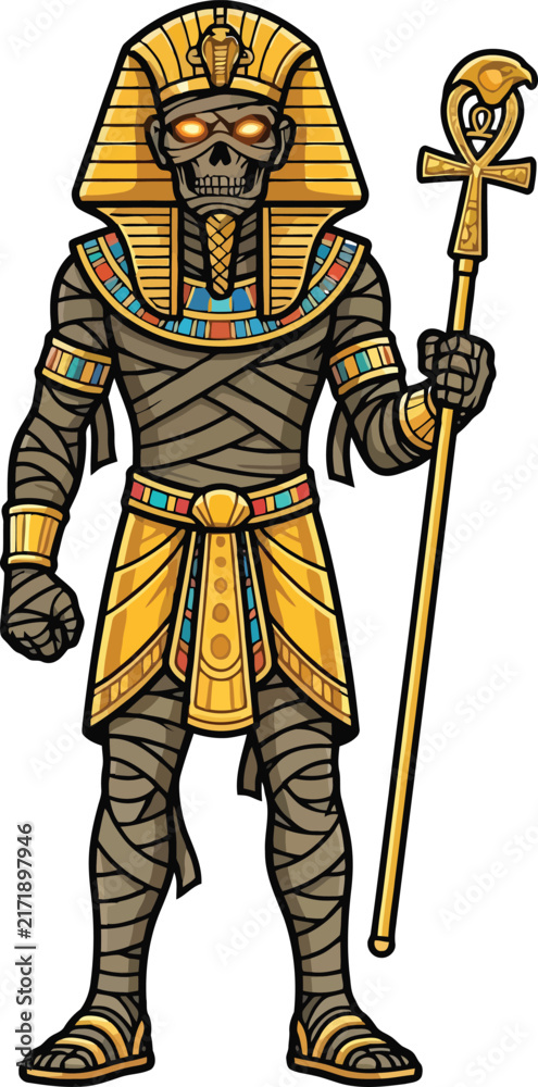 Obraz premium An illustration of a skeletal Egyptian mummy pharaoh holding a golden ankh staff.