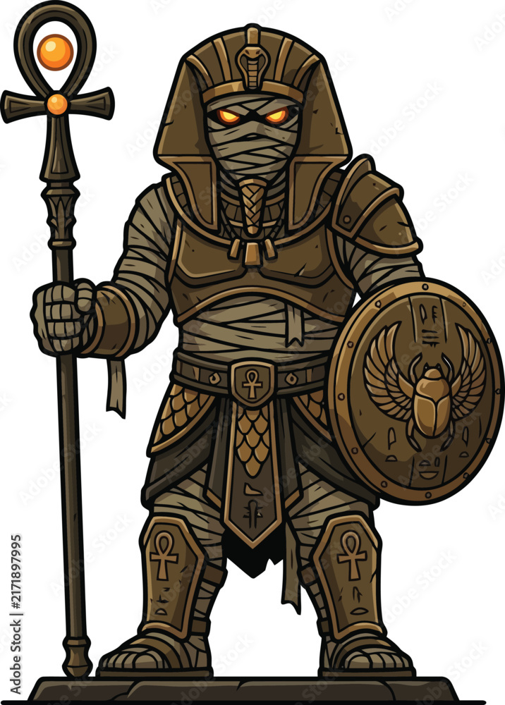 Fototapeta premium Ancient Egyptian mummy warrior standing with an ankh staff and scarab shield.