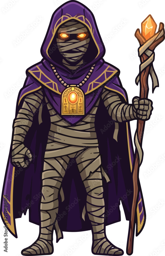 Fototapeta premium A mystical mummy wizard wearing a purple hooded cloak and holding a glowing magical staff.
