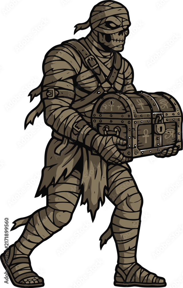 Fototapeta premium An ancient mummy character carrying a heavy treasure chest.