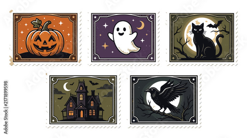 Halloween themed postage stamps depict a pumpkin ghost blackcat hauntedhouse raven spooky autumn fall october