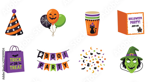 Halloween themed vector illustrations depict party elements and spooky characters on a white background illustration