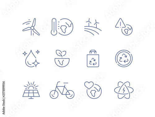 Renewable energy and environmental sustainability icons set, wind power, solar energy, water conservation, clean technology, climate protection, eco friendly transportation flat vector illustration.
