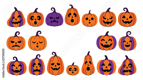 Orange jack o lanterns with carved faces form a colorful halloween vector illustration jackolantern lantern