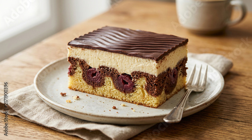 Delicious Layered Cherry Cake with Cream and Chocolate Ganache Served on a Plate