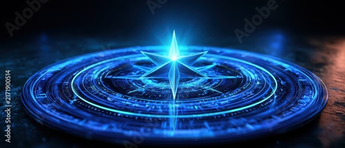 A glowing blue futuristic compass rose with intricate digital circuits radiating light on a dark surface.