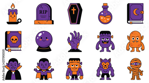 Halloween themed icons depict spooky elements in a colorful vector illustration style ghost vampire monster