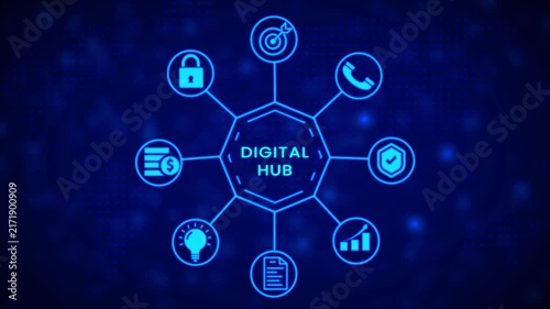 Neon blue abstract infographic diagram with interconnected nodes representing business goals communication security and data analysis on a dark digital map background Keywords: infographic diagram