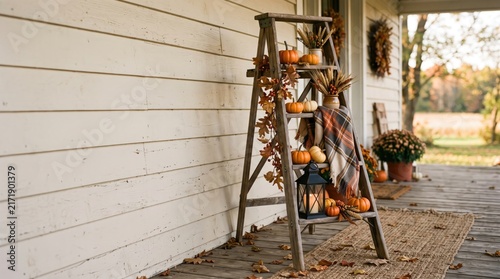 Autumn rustic wooden ladder porch decoration with pumpkins and plaid blanket, halloween concept, copy space