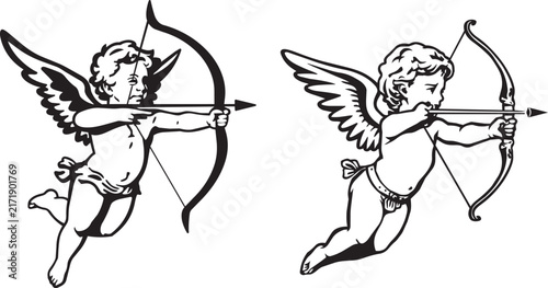 Cupid with bow and arrow vector featuring cute cherub graphics, classic love angel elements, and isolated line art illustration for Valentine day design layout