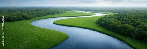 River delta viewed from above with branching waterways and wetlands, environmental geography concept, aerial panorama