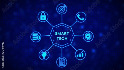 Neon blue abstract infographic diagram with interconnected nodes representing business goals communication security and data analysis on a dark digital map background Keywords: infographic diagram