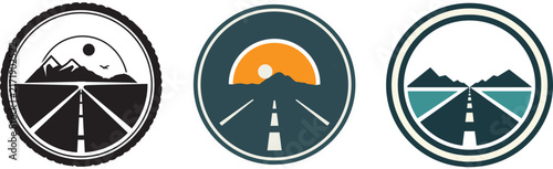 Road trip badge vector logo featuring highway through mountains graphics, sunset landscape adventure elements, and isolated flat vector illustration for travel design layout