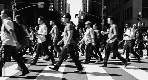 Black and white image of people crossing a city street.