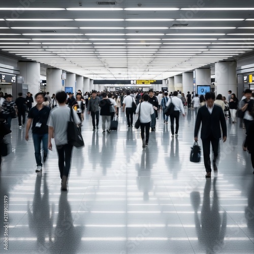 Blurred commuters walking in a modern transportation hub.