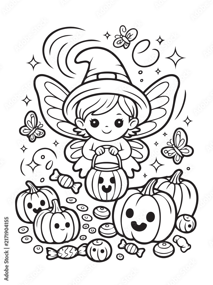 Fototapeta premium Spooky Fairy Halloween Outline Vector Illustration Isolated on White Background