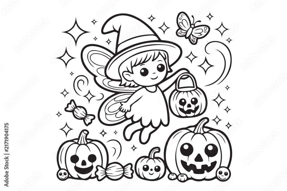 Fototapeta premium Cute Halloween Fairy Line Art Vector Illustration Isolated on White Background