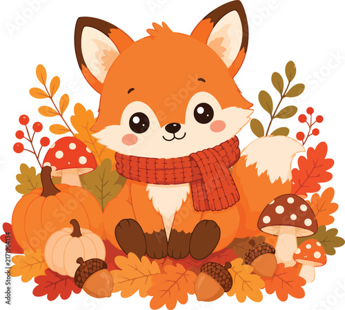 Adorable Kawaii Baby Fox Autumn Character Vector Illustration With Scarf And Pumpkins
