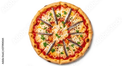Delicious anchovy pizza with fresh herbs on a white background.