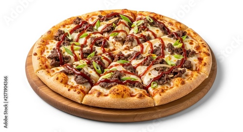 Delicious BBQ Chicken Pizza on Wooden Board.