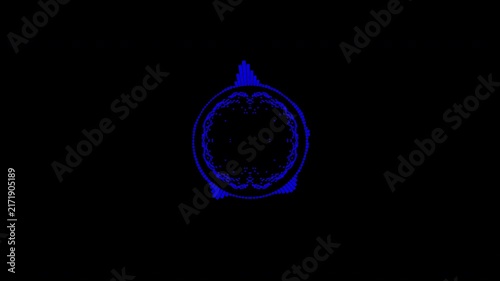 A graphic circular loop of rhythmic audio frequency sound waves in the background.