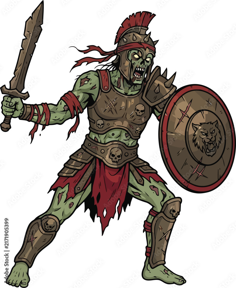 Naklejka premium Undead Roman gladiator warrior holding a sword and shield.