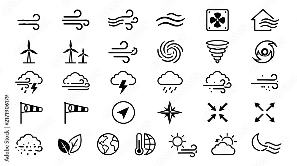 Fototapeta premium Weather Icons Collection Showcasing Sun Cloud Rain Storm Symbols.