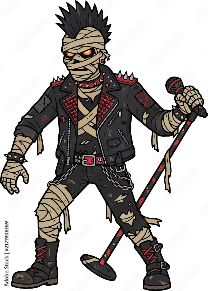 Obraz premium A punk rock mummy character holding a microphone stand.