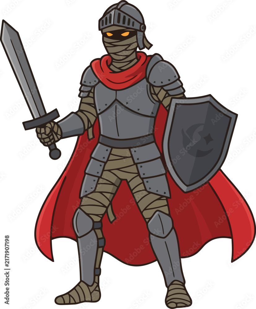 Obraz premium A cartoon illustration of an undead mummy warrior wearing medieval plate armor.