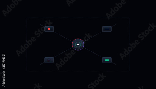 Dark technological network illustration, glowing blue and red connected server nodes, abstract digital infrastructure vector, minimalist futuristic data transmission technology background