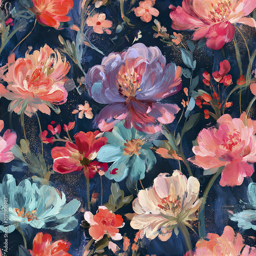 Bohemian seamless floral pattern with hand painted flowers in vibrant colors on dark background creating artistic beauty