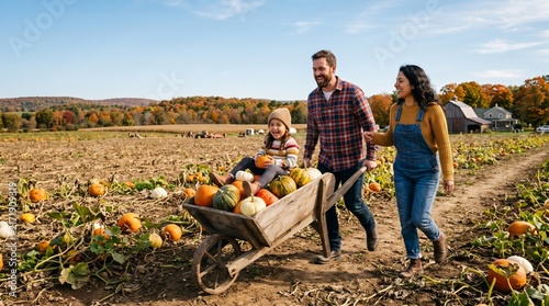 Family enjoying a day at the pumpkin patch with a wheelbarrow  