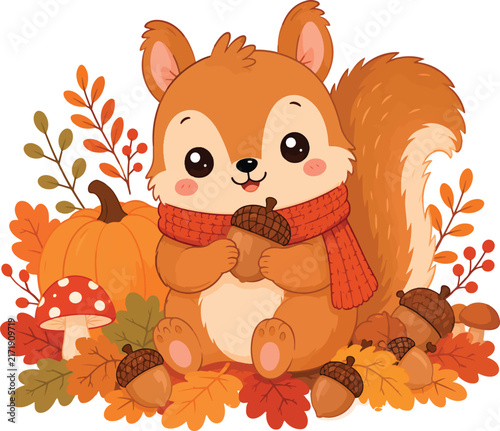 Adorable Kawaii Baby Squirrel Autumn Illustration, Flat Vector Character with Scarf, Acorns and Pumpkins