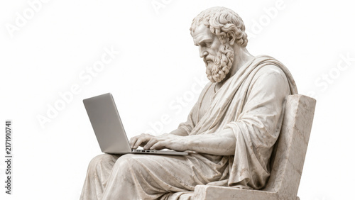 Quadro su tela White marble sculpture bust of Socrates using a modern laptop isolated on transp