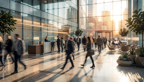 A busy modern office lobby with people walking, sunlight streaming through large glass windows, plants, and a reception area filled with activity.