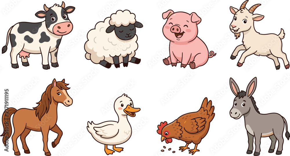 Fototapeta premium Cute farm animal cartoon collection featuring cow, sheep, pig, goat, horse, duck, chicken, and donkey