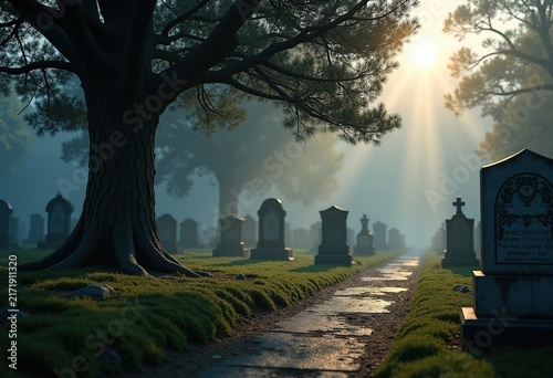 Dark Evergreen Yew Tree Shadows Cemetery Setting Serene Intricacies Gravesite Serenity