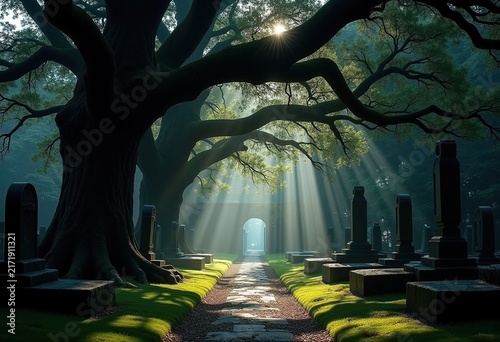 Dark Evergreen Yew Tree Cemetery Entrance Graveyard Mystical Shadows Evergreen Pines
