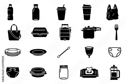 Eco friendly lifestyle icons showing sustainable alternatives to single use plastic products on a white background