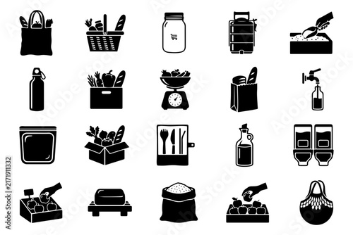 Collection of ecofriendly zerowaste shopping icons representing sustainable lifestyle choices and bulk buying