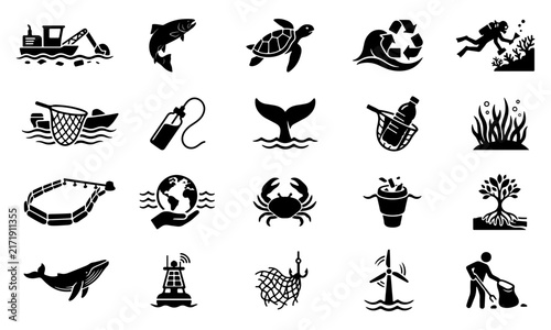 Environmental marine conservation and ocean pollution prevention vector icons set containing sea life and recycling symbols