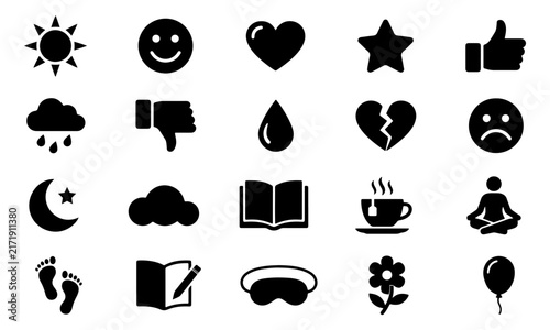 Set of minimalist black glyph icons representing lifestyle weather emotions and everyday activities isolated on white