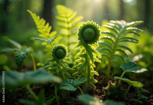 Fern Fronds Unfurling in Magical Shaded Forest with Lush Greenery and Intricate Patterns on Forest Floor